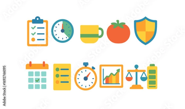 Fototapeta Business and health flat icon set. productivity, wellness, essential icons collection