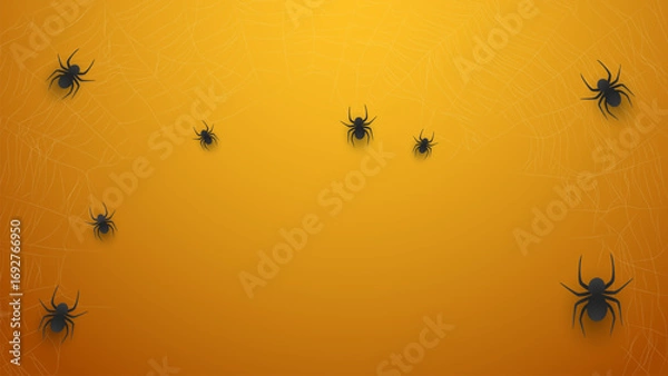 Fototapeta Spiders with web on yellow background. Scary black spiders on web. Vector illustration of spiders with web for Halloween.
