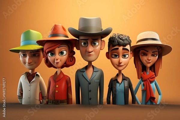 Fototapeta Group of animated characters dressed in Western attire, posing against a warm gradient background