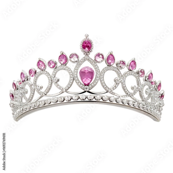 Fototapeta Elegant silver tiara with pink gemstones and sparkling diamonds isolated on transparent background