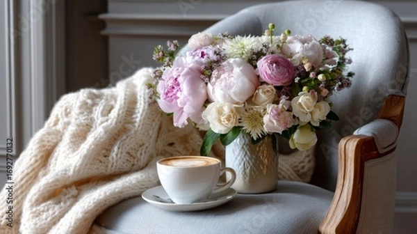Fototapeta Cozy corner with a warm beverage and fresh flowers on an elegant chair in soft natural light