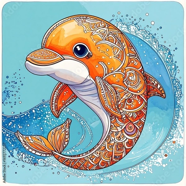 Obraz Orange dolphin, ornate design, light teal background, stylized waves
