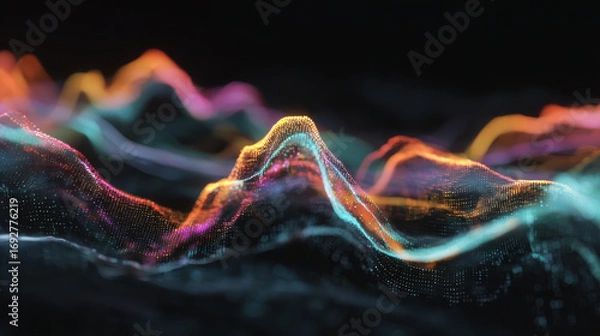 Fototapeta Neon wave data abstract landscape glowing line digital curve dynamic flow with energy