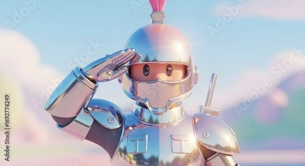 Fototapeta Robot Saluting with Silver Armor