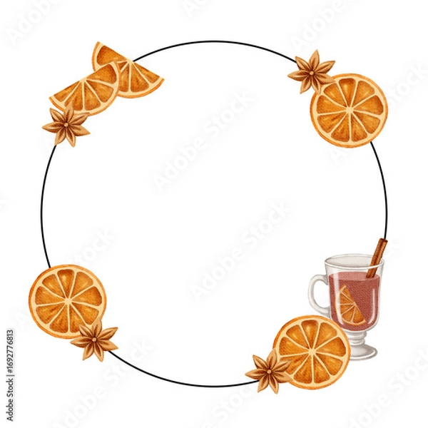 Fototapeta Decorative Christmas frame with watercolor items. Christmas themed decoration. Mulled wine