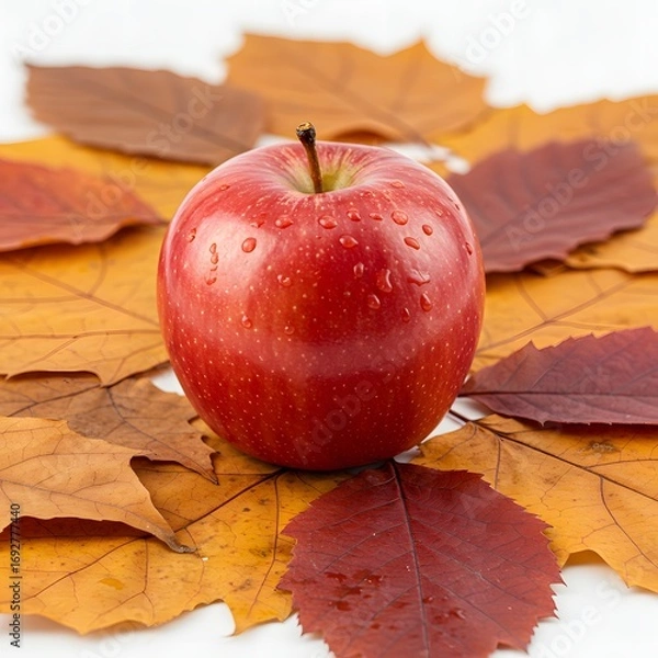 Obraz Red apple resting on vibrant autumn leaves: a rustic harvest scene