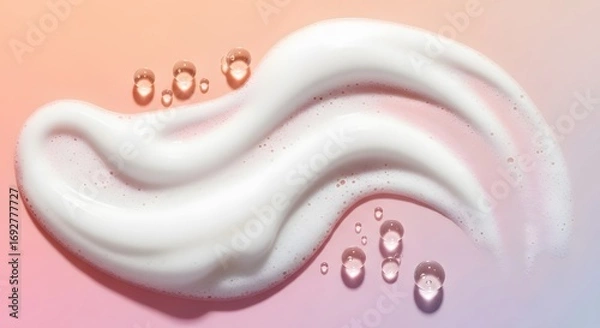 Fototapeta White foaming cleanser cosmetic swatch with serum drops on a pastel background. Skincare, beauty, and cleansing concept. A smear of face wash showing its soft, bubbly texture.