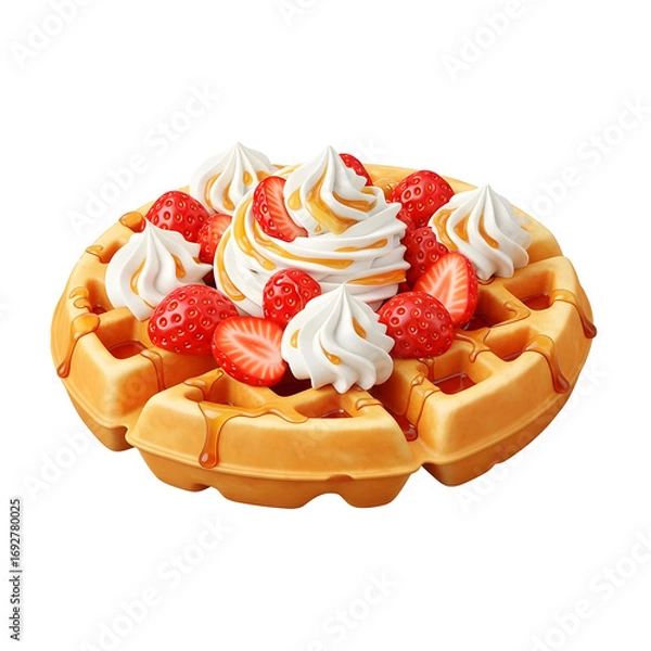 Fototapeta Delicious waffle with strawberries, whipped cream, and maple syrup isolated on transparent background