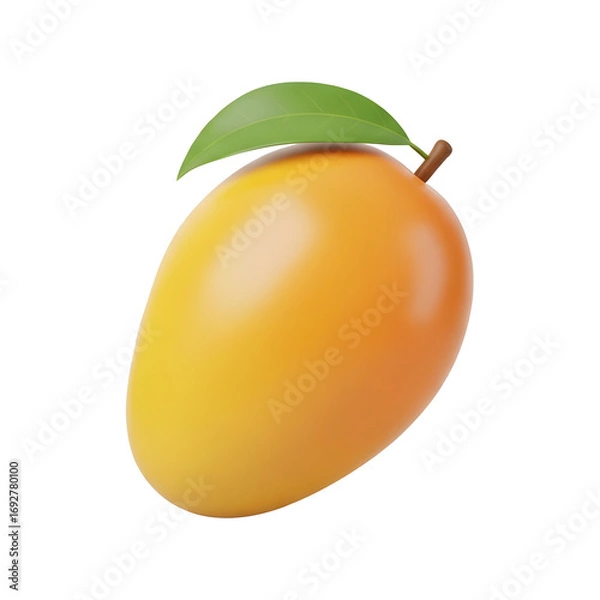 Fototapeta A ripe mango with a green leaf isolated on transparent background, 3d render style