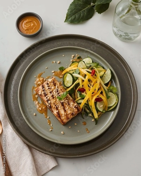 Obraz Tofu mit cremiger Erdnuss Soße neben Mango Zucchini Salat