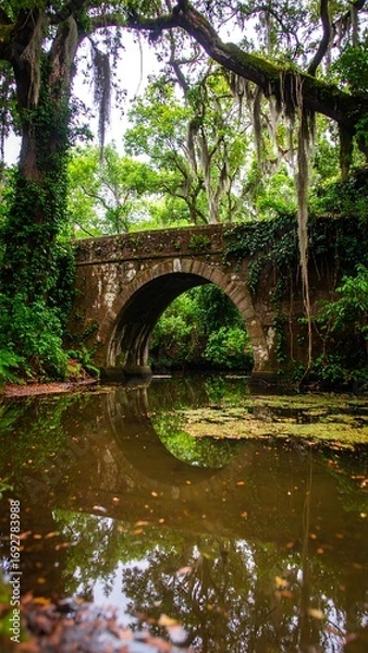 Obraz Stone arch bridge over a still creek, lush greenery