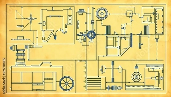 Fototapeta Technical blueprint schematics on aged paper background, vector illustration,  background,  grunge