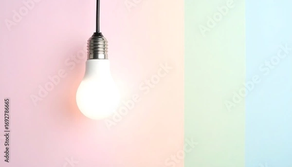 Obraz White light bulb hangs against pastel colored background