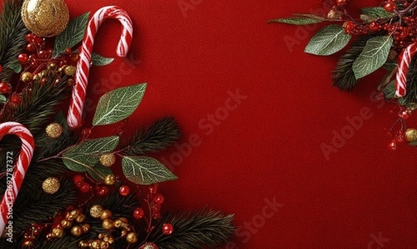 Obraz christmas background with red color and christmas decorations on the edges, including candy cane, pine branches, golden berries, baubles, on empty space for text or message.