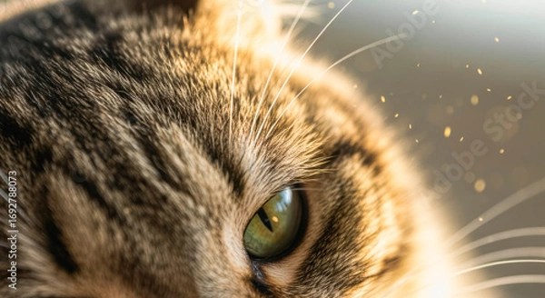 Fototapeta Close-up of a domestic tabby cat's eye, showcasing its green iris and detailed fur patterns. The image highlights potential allergens in pet fur.