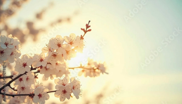 Fototapeta Cherry blossom branches with delicate white flowers against a soft, glowing background. The scene evokes the beauty of spring and potential allergy triggers.
