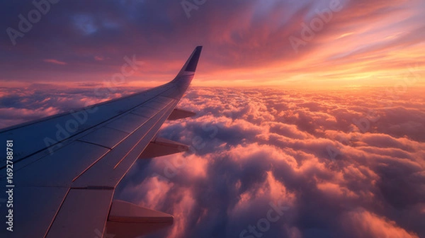 Fototapeta Airplane wing view during sunset over clouds from plane window perspective
