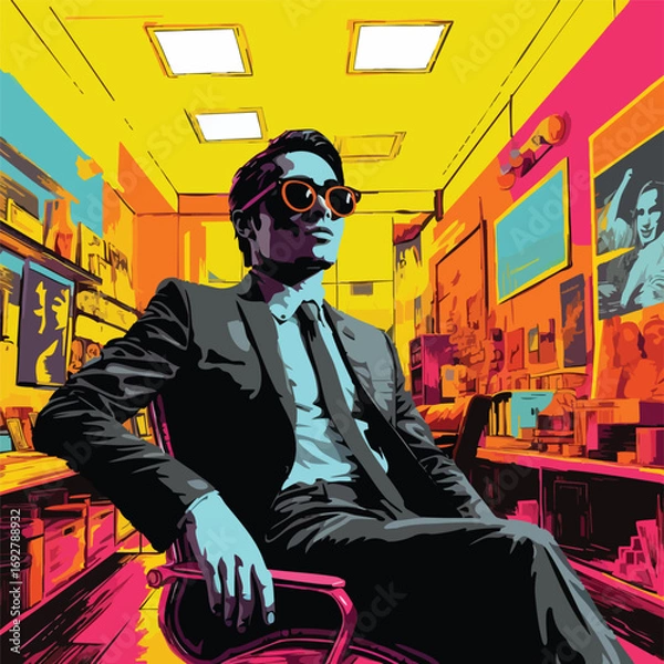 Fototapeta Bold pop art illustration of a man in a suit and sunglasses sitting in a modern office interior. Stylish retro vector with vibrant colors.