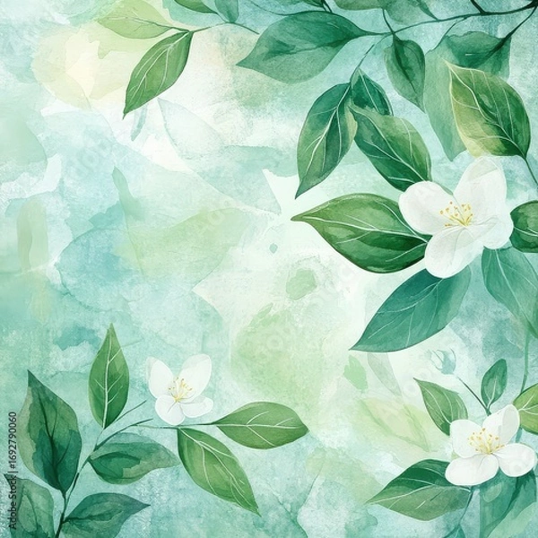 Obraz Abstract watercolor green leaves and white flowers on pastel background. 
