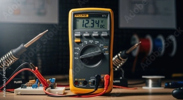 Fototapeta Digital multimeter on workbench with tools