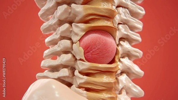 Fototapeta Herniated disc pressing on spinal cord causing pain and nerve damage in the human spine anatomy model
