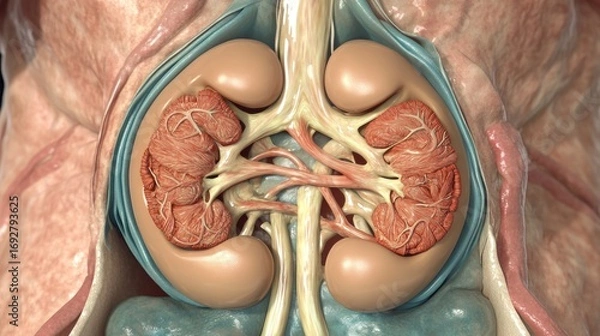 Fototapeta Detailed anatomical illustration showcasing human kidneys and surrounding structures in a medical context