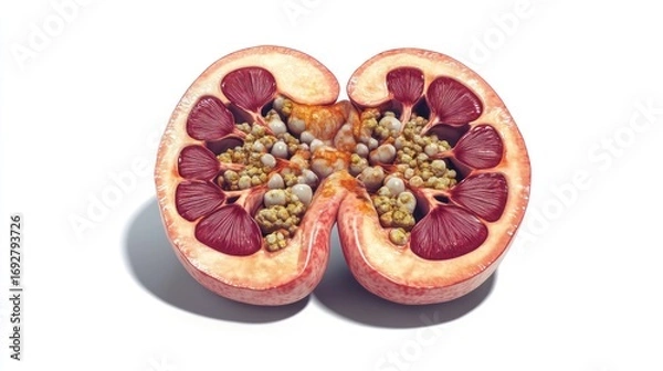 Fototapeta Detailed anatomical cross section of a kidney showing kidney stones and internal structures on a bright white background