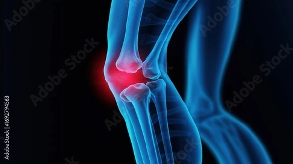 Fototapeta Blue and glowing X-ray image of a knee joint with inflammation highlighted in red.