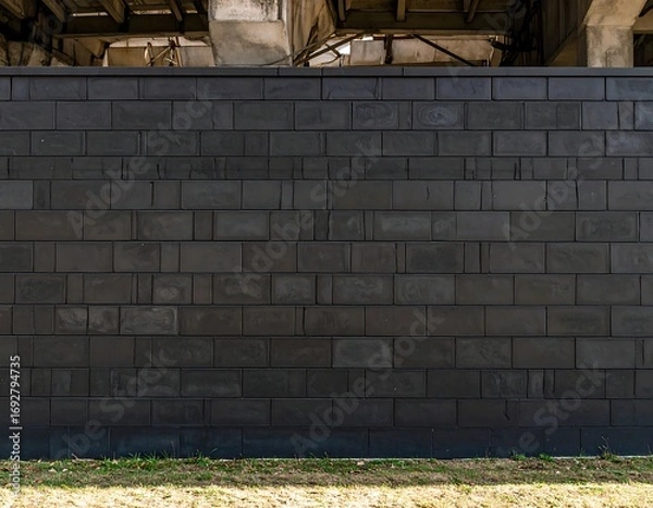 Obraz Dark gray rectangular block wall extends to the horizon beneath a bridge