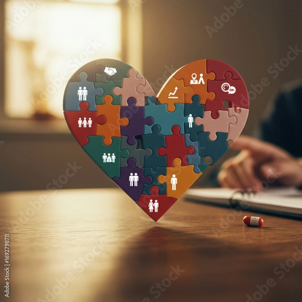 Fototapeta Puzzle pieces unite to form heart, symbolizing love and interconnection, expressing unity and collaboration on wooden table in bright room