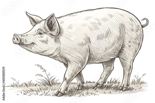 Fototapeta Vector illustration of pig farm animal Hand drawn i realistic sketching isolated on white Perfect for agriculture farm logo branding design