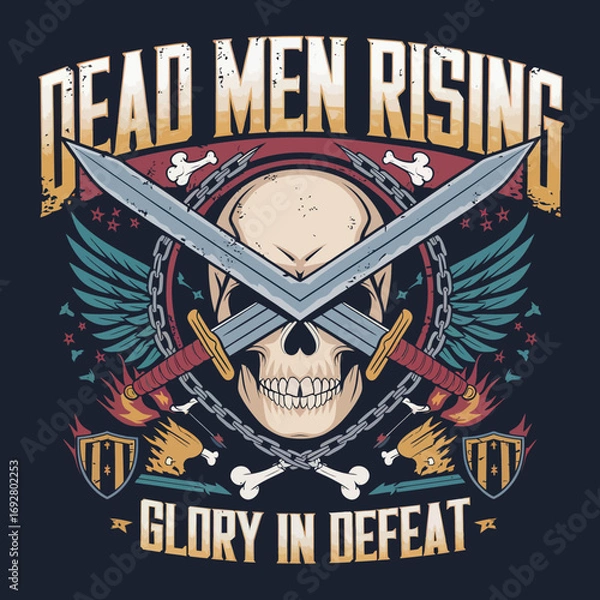 Fototapeta Vector Bold skull illustrations with crossed swords, wings, shields, and flaming elements. Gothic and warrior-inspired vector art featuring chains, bones, and dramatic . Perfect for t-shirt prints,