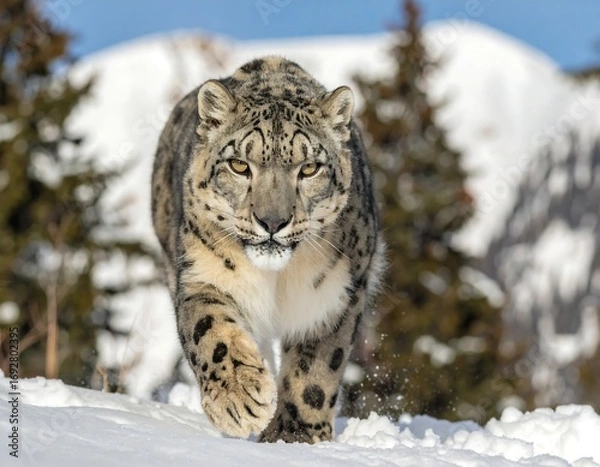 Obraz Snow leopard striding on snowy mountain
