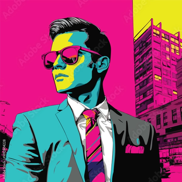 Fototapeta Colorful pop art portrait of a stylish businessman in sunglasses and suit with urban city background. Bold modern retro vector illustration.