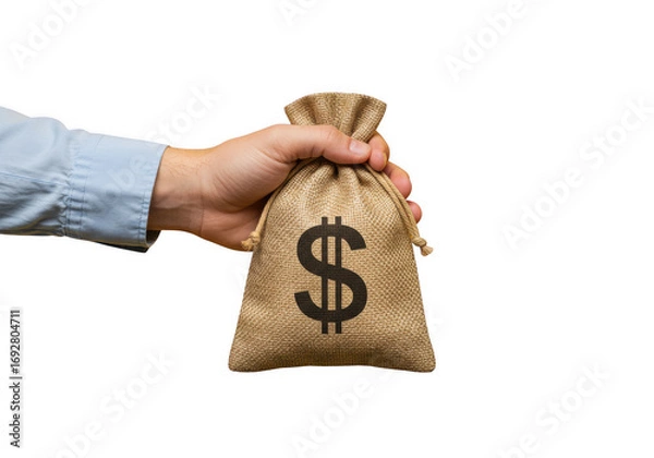 Fototapeta Hand holding a burlap money bag with a dollar sign isolated on transparent background