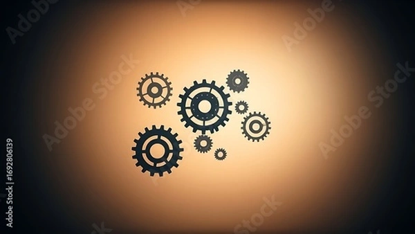 Fototapeta Abstract floating mechanical gears on gradient background, representing digital transformation and business process optimization, perfect for corporate innovation reports and technology consulting mat