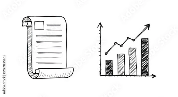 Fototapeta Hand drawn sketch of a smartphone displaying data next to a growth bar chart isolated on transparent background