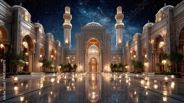 Obraz Majestic mosque gate illuminated against a dreamy night sky, capturing the grandeur of Islamic architecture through a generative style.
