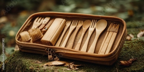 Obraz A bamboo cutlery kit for sustainable travel adventures, promoting eco-friendly practices and zero waste traveling.