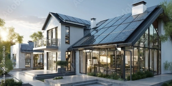 Obraz A sustainable smart home with zero emissions, featuring solar panels and energy-efficient systems designed for future living.