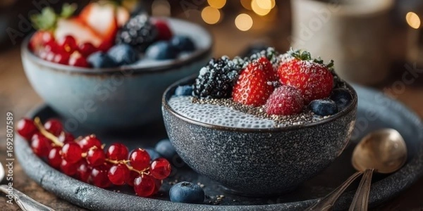 Obraz Bright aesthetic smoothie bowls with vibrant superfoods like berries and chia seeds, photographed in a cozy setting.