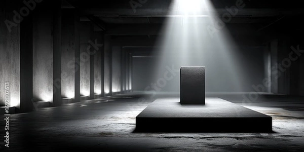 Obraz Modern showcase event in an indoor space, with a minimalist podium and a spotlight effect. It promotes a promotional content atmosphere.