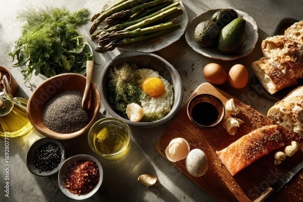 Obraz A curated assortment of clean-eating ingredients including vegetables, legumes, and grains arranged beautifully, ideal for promoting a flexitarian Mediterranean diet.