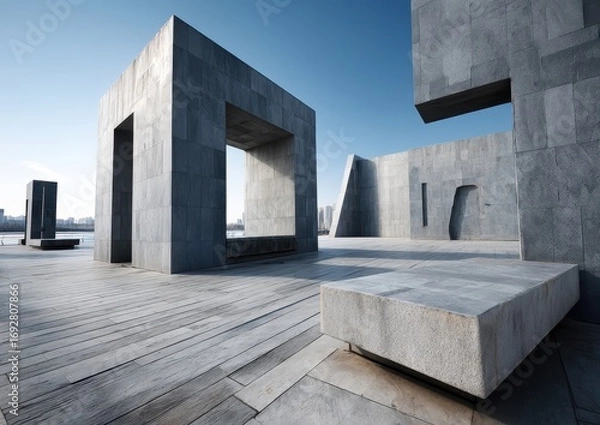 Obraz An empty architectural plaza with futuristic elements and geometric patterns stands outdoors, offering a blank urban stage.