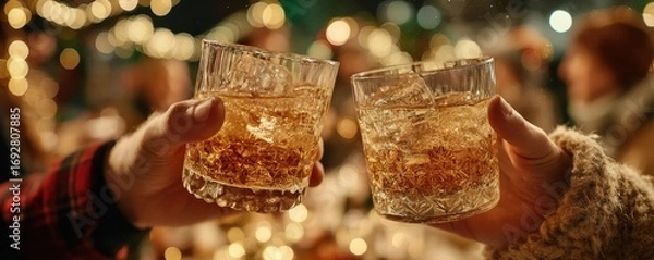 Obraz Two glasses clinking in a toast during a celebration, captured mid-air with golden liquid and joyful atmosphere.