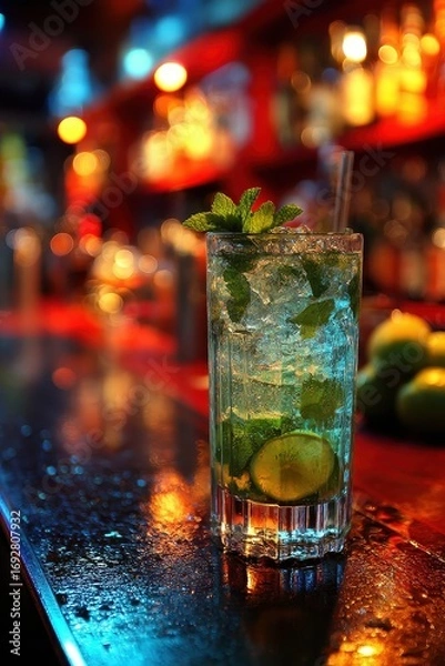 Obraz Iced cocktail garnished with mint in a clear glass on a bar counter, blurred background with silhouettes of people in a nightlife setting