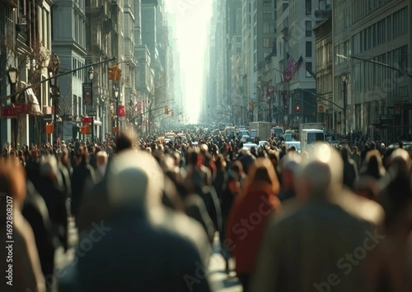 Obraz Crowded urban area filled with people of various ethnicities walking in rush hour, showcasing the impact of growing human population on city life and infrastructure.