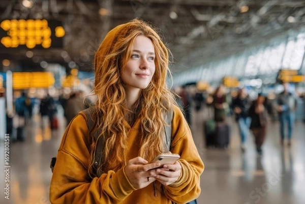 Obraz A solo traveler using a mobile phone at an airport terminal, checking flight updates in a brightly lit modern interior.