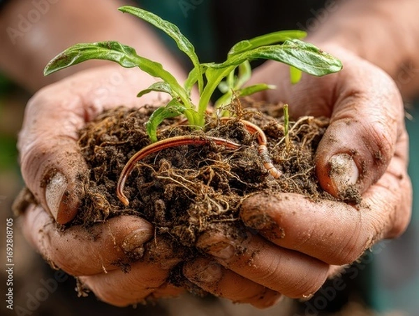Obraz Hands cupping soil containing a small green seedling and earthworms, symbolizing eco-conscious growth, gardening, and sustainability.