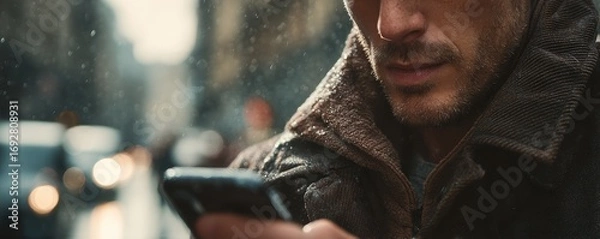Obraz A close-up of a man's hands using a smartphone while standing on a city street, focused on browsing or social media. Captures urban life and digital interaction.